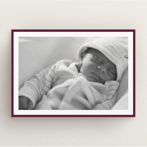 Baptism Invitation Design - "Classic Burgundy Photo Frame" A baptism invitation named "Classic Burgundy Photo Frame". It is an A5 invite card in a landscape orientation. It is a photographic baptism invitation with room for 1 photo. "Classic Burgundy Photo Frame" is available as a flat invite card, with tones of burgundy and white.