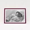A baptism invitation named "Classic Burgundy Photo Frame". It is an A5 invite card in a landscape orientation. It is a photographic baptism invitation with room for 1 photo. "Classic Burgundy Photo Frame" is available as a flat invite card, with tones of burgundy and white.