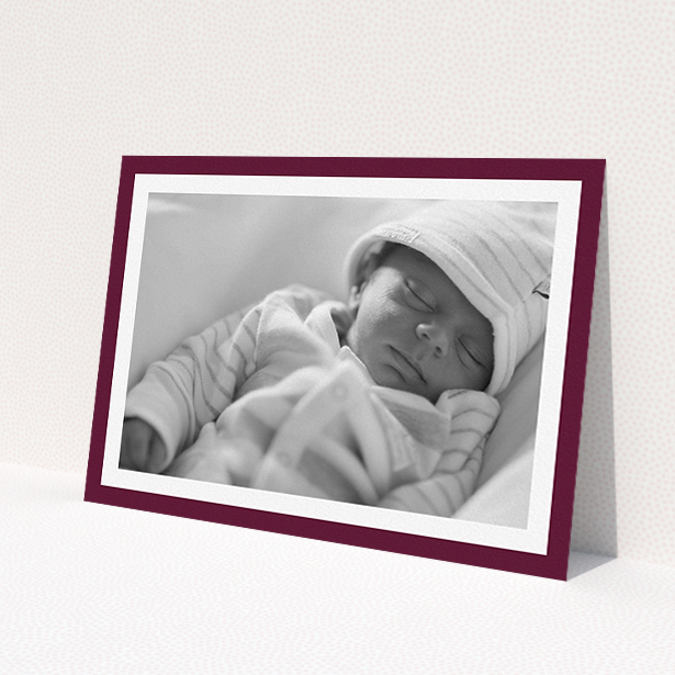 A baptism invitation named 'Classic Burgundy Photo Frame'. It is an A5 invite card in a landscape orientation. It is a photographic baptism invitation with room for 1 photo. 'Classic Burgundy Photo Frame' is available as a flat invite card, with tones of burgundy and white.