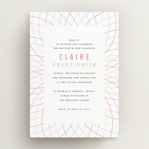 Baptism Invitation Design - "Concentric Circles" A baptism invitation called "Concentric Circles". It is an A5 invite card in a portrait orientation. "Concentric Circles" is available as a flat invite card, with tones of white, red and blue.
