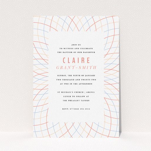 A baptism invitation called "Concentric Circles". It is an A5 invite card in a portrait orientation. "Concentric Circles" is available as a flat invite card, with tones of white, red and blue.