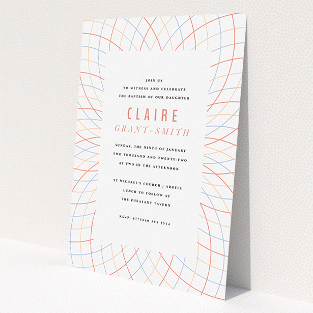 A baptism invitation called 'Concentric Circles'. It is an A5 invite card in a portrait orientation. 'Concentric Circles' is available as a flat invite card, with tones of white, red and blue.