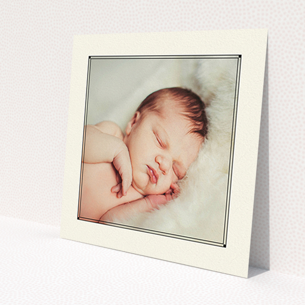 A baptism invitation design titled 'Deco Cream Frame'. It is a square (148mm x 148mm) invite card in a square orientation. It is a photographic baptism invitation with room for 1 photo. 'Deco Cream Frame' is available as a flat invite card, with mainly cream colouring.