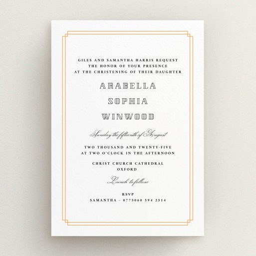 Baptism Invitation Design - "Deco Portrait" A baptism invitation design named "Deco Portrait". It is an A5 invite card in a portrait orientation. "Deco Portrait" is available as a flat invite card, with tones of orange and white.