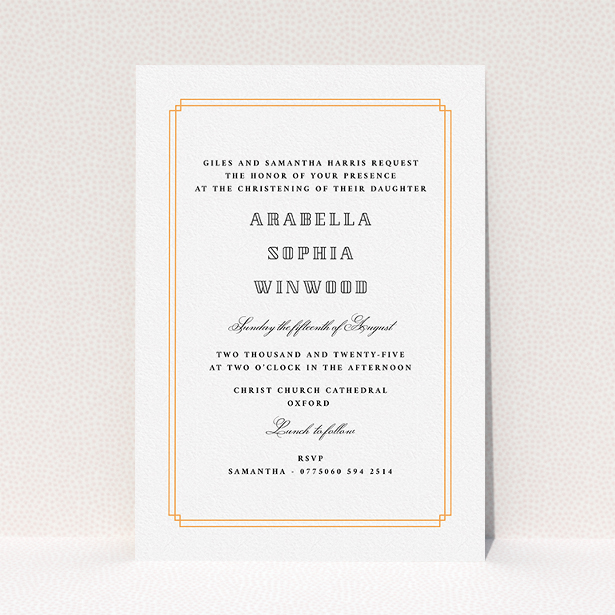 A baptism invitation design named "Deco Portrait". It is an A5 invite card in a portrait orientation. "Deco Portrait" is available as a flat invite card, with tones of orange and white.