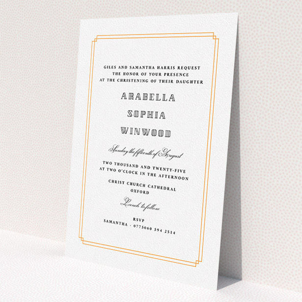 A baptism invitation design named 'Deco Portrait'. It is an A5 invite card in a portrait orientation. 'Deco Portrait' is available as a flat invite card, with tones of orange and white.