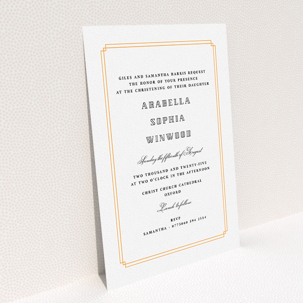 A baptism invitation design named "Deco Portrait". It is an A5 invite card in a portrait orientation. "Deco Portrait" is available as a flat invite card, with tones of orange and white.