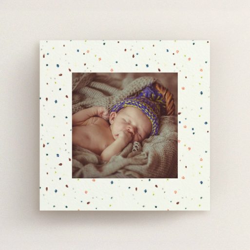 Baptism Invitation Design - "Dot-dot-dot" A baptism invitation named "Dot-dot-dot". It is a square (148mm x 148mm) invite card in a square orientation. It is a photographic baptism invitation with room for 1 photo. "Dot-dot-dot" is available as a flat invite card, with mainly cream colouring.