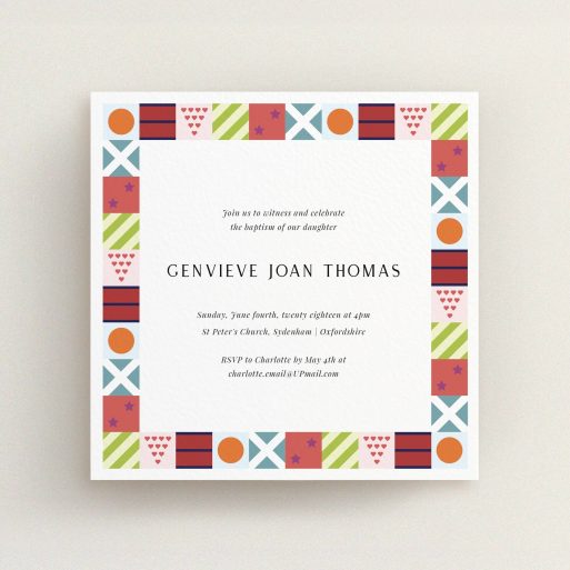 Baptism Invitation Design - "Epsom Squares" A baptism invitation design titled "Epsom Squares". It is a square (148mm x 148mm) invite card in a square orientation. "Epsom Squares" is available as a flat invite card, with mainly red colouring.