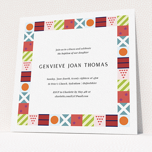 A baptism invitation design titled "Epsom Squares". It is a square (148mm x 148mm) invite card in a square orientation. "Epsom Squares" is available as a flat invite card, with mainly red colouring.