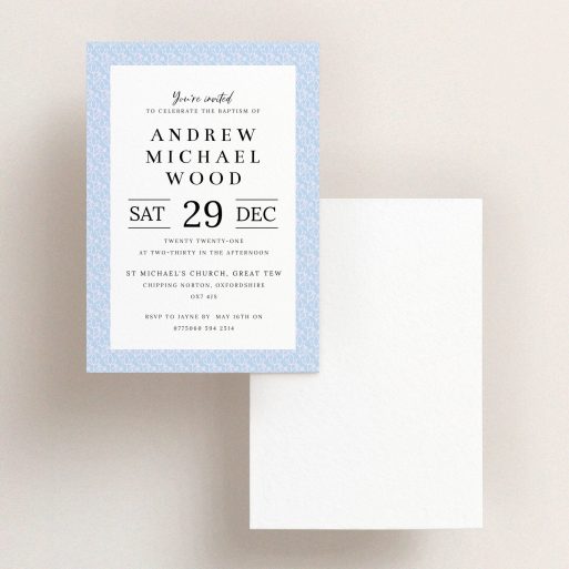 Baptism Invitation Design - "Flower Pattern" A baptism invitation design named "Flower Pattern". It is an A5 invite card in a portrait orientation. "Flower Pattern" is available as a flat invite card, with mainly blue colouring.