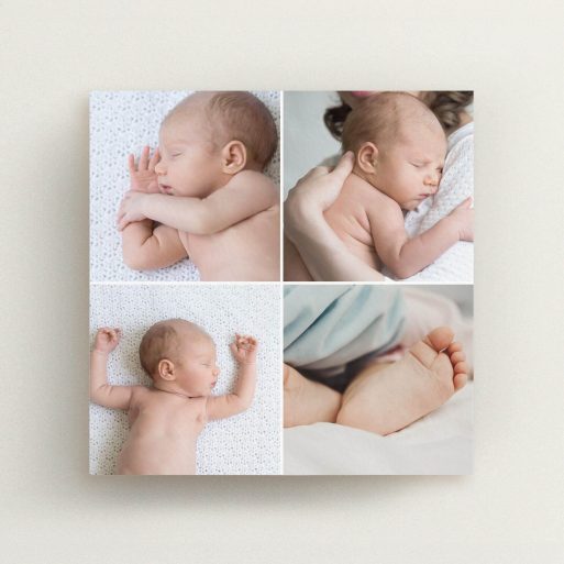 Baptism Invitation Design - "Four Squares Divided" A baptism invitation template titled "Four Squares Divided". It is a square (148mm x 148mm) invite card in a square orientation. It is a photographic baptism invitation with room for 4 photos. "Four Squares Divided" is available as a flat invite card, with mainly white colouring.
