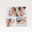 A baptism invitation template titled "Four Squares Divided". It is a square (148mm x 148mm) invite card in a square orientation. It is a photographic baptism invitation with room for 4 photos. "Four Squares Divided" is available as a flat invite card, with mainly white colouring.