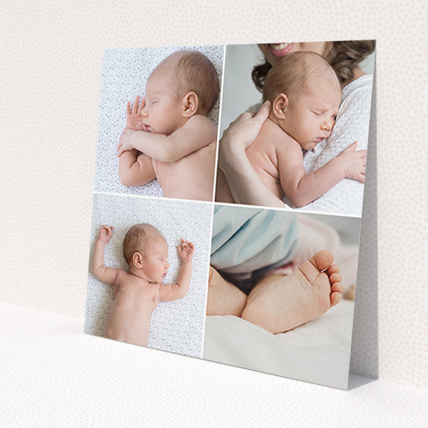 A baptism invitation template titled 'Four Squares Divided'. It is a square (148mm x 148mm) invite card in a square orientation. It is a photographic baptism invitation with room for 4 photos. 'Four Squares Divided' is available as a flat invite card, with mainly white colouring.