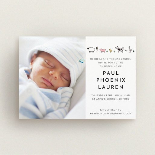 Baptism Invitation Design - "From the Farmyard" A baptism invitation design named "From the Farmyard". It is an A6 invite card in a landscape orientation. It is a photographic baptism invitation with room for 1 photo. "From the Farmyard" is available as a flat invite card, with tones of white and pink.
