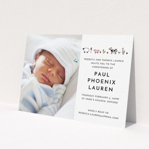 A baptism invitation design named 'From the Farmyard'. It is an A6 invite card in a landscape orientation. It is a photographic baptism invitation with room for 1 photo. 'From the Farmyard' is available as a flat invite card, with tones of white and pink.