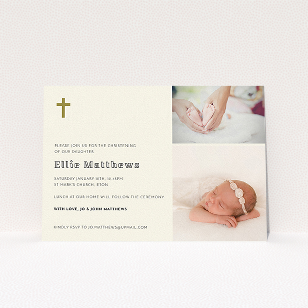 A baptism invitation design named "Gold Cross". It is an A5 invite card in a landscape orientation. It is a photographic baptism invitation with room for 2 photos. "Gold Cross" is available as a flat invite card, with tones of cream and gold.