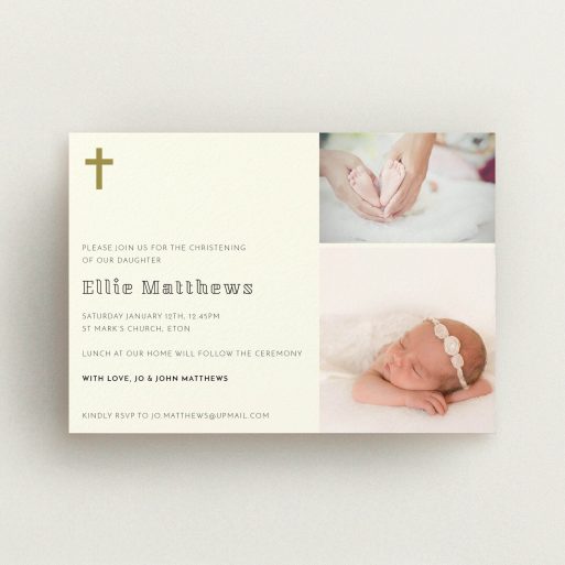 Baptism Invitation Design - "Gold Cross" A baptism invitation design named "Gold Cross". It is an A6 invite card in a landscape orientation. It is a photographic baptism invitation with room for 2 photos. "Gold Cross" is available as a flat invite card, with tones of cream and gold.