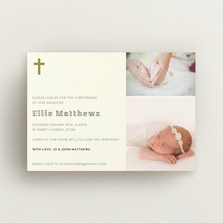A baptism invitation design named "Gold Cross". It is an A6 invite card in a landscape orientation. It is a photographic baptism invitation with room for 2 photos. "Gold Cross" is available as a flat invite card, with tones of cream and gold.