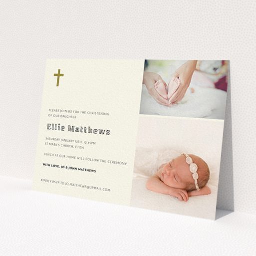 A baptism invitation design named 'Gold Cross'. It is an A6 invite card in a landscape orientation. It is a photographic baptism invitation with room for 2 photos. 'Gold Cross' is available as a flat invite card, with tones of cream and gold.