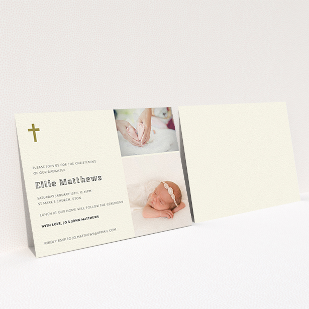 A baptism invitation design named "Gold Cross". It is an A6 invite card in a landscape orientation. It is a photographic baptism invitation with room for 2 photos. "Gold Cross" is available as a flat invite card, with tones of cream and gold.