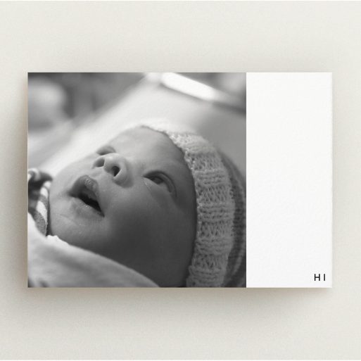 Baptism Invitation Design - "Hi" A baptism invitation named "Hi". It is an A5 invite card in a landscape orientation. It is a photographic baptism invitation with room for 1 photo. "Hi" is available as a flat invite card, with mainly white colouring.