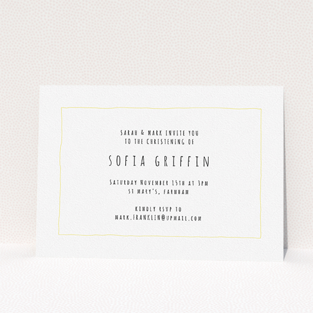 A baptism invitation named "Hi". It is an A5 invite card in a landscape orientation. It is a photographic baptism invitation with room for 1 photo. "Hi" is available as a flat invite card, with mainly white colouring.