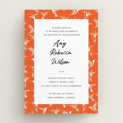 Baptism Invitation Design - "Hummingbirds" A baptism invitation design titled "Hummingbirds". It is an A5 invite card in a portrait orientation. "Hummingbirds" is available as a flat invite card, with tones of red and white.
