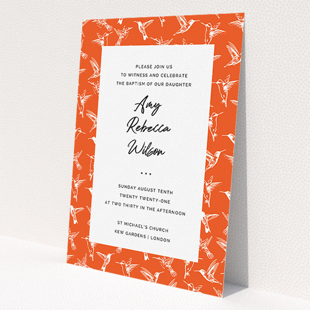 A baptism invitation design titled 'Hummingbirds'. It is an A5 invite card in a portrait orientation. 'Hummingbirds' is available as a flat invite card, with tones of red and white.