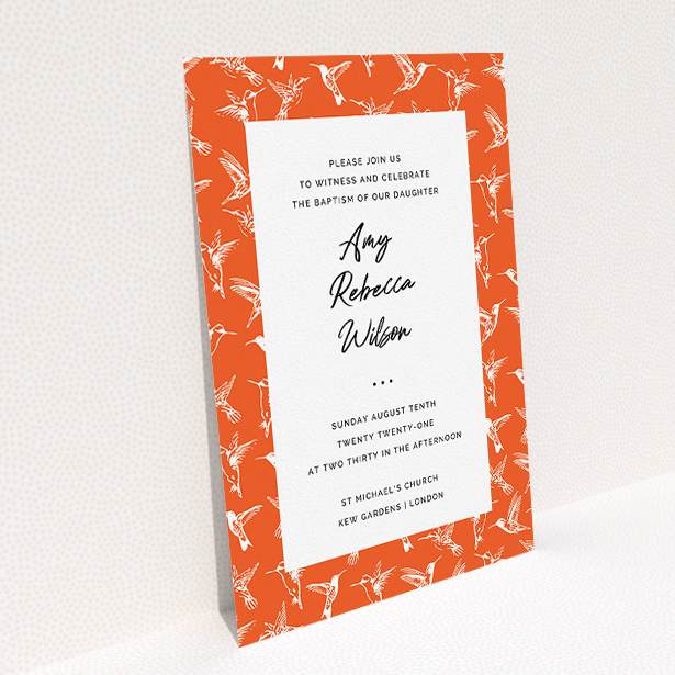 A baptism invitation design titled "Hummingbirds". It is an A5 invite card in a portrait orientation. "Hummingbirds" is available as a flat invite card, with tones of red and white.