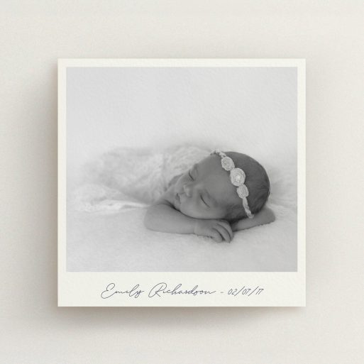 Baptism Invitation Design - "Instant Photo Frame" A baptism invitation named "Instant Photo Frame". It is a square (148mm x 148mm) invite card in a square orientation. It is a photographic baptism invitation with room for 1 photo. "Instant Photo Frame" is available as a flat invite card, with mainly pale cream colouring.
