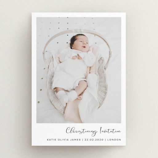 Baptism Invitation Design - "Justify Right Script" A baptism invitation named "Justify Right Script". It is an A5 invite card in a portrait orientation. It is a photographic baptism invitation with room for 1 photo. "Justify Right Script" is available as a flat invite card, with mainly white colouring.