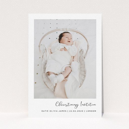 A baptism invitation named "Justify Right Script". It is an A5 invite card in a portrait orientation. It is a photographic baptism invitation with room for 1 photo. "Justify Right Script" is available as a flat invite card, with mainly white colouring.
