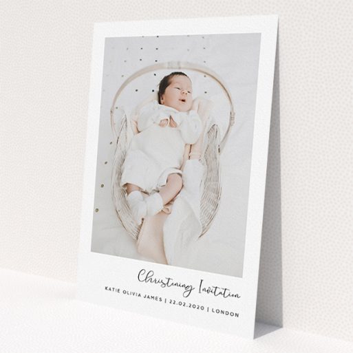 A baptism invitation named 'Justify Right Script'. It is an A5 invite card in a portrait orientation. It is a photographic baptism invitation with room for 1 photo. 'Justify Right Script' is available as a flat invite card, with mainly white colouring.