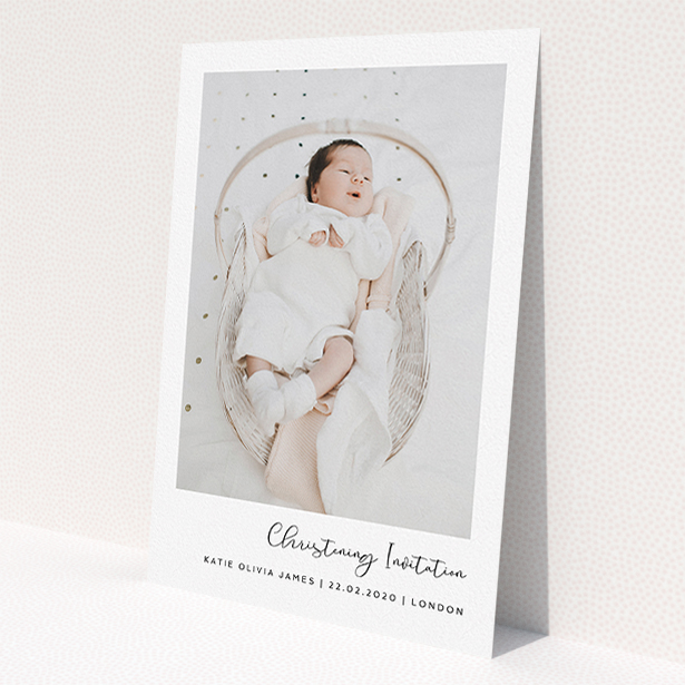 A baptism invitation named 'Justify Right Script'. It is an A5 invite card in a portrait orientation. It is a photographic baptism invitation with room for 1 photo. 'Justify Right Script' is available as a flat invite card, with mainly white colouring.