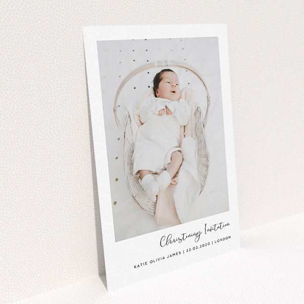 A baptism invitation named "Justify Right Script". It is an A5 invite card in a portrait orientation. It is a photographic baptism invitation with room for 1 photo. "Justify Right Script" is available as a flat invite card, with mainly white colouring.