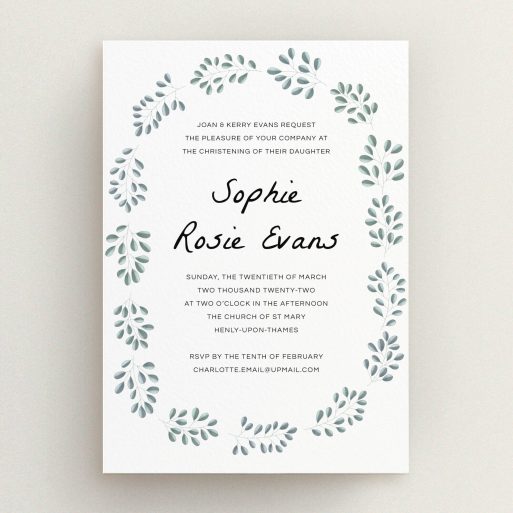 Baptism Invitation Design - "Leaf Wreath" A baptism invitation named "Leaf Wreath". It is an A5 invite card in a portrait orientation. "Leaf Wreath" is available as a flat invite card, with tones of green and white.
