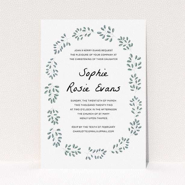 A baptism invitation named "Leaf Wreath". It is an A5 invite card in a portrait orientation. "Leaf Wreath" is available as a flat invite card, with tones of green and white.