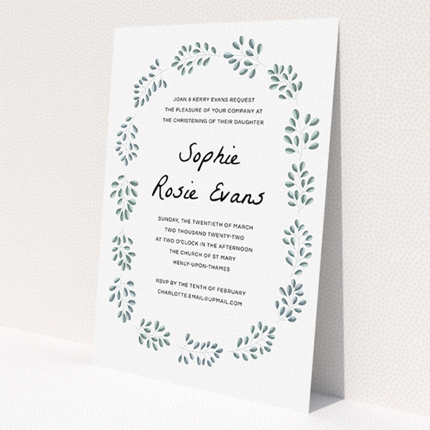 A baptism invitation named 'Leaf Wreath'. It is an A5 invite card in a portrait orientation. 'Leaf Wreath' is available as a flat invite card, with tones of green and white.