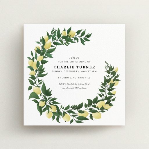 Baptism Invitation Design - "Lemon Wreath" A baptism invitation named "Lemon Wreath". It is a square (148mm x 148mm) invite card in a square orientation. "Lemon Wreath" is available as a flat invite card, with tones of green and yellow.