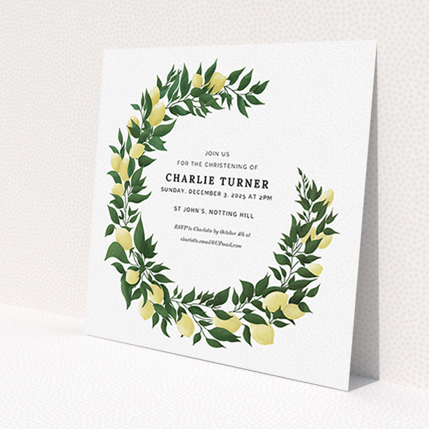 A baptism invitation named 'Lemon Wreath'. It is a square (148mm x 148mm) invite card in a square orientation. 'Lemon Wreath' is available as a flat invite card, with tones of green and yellow.