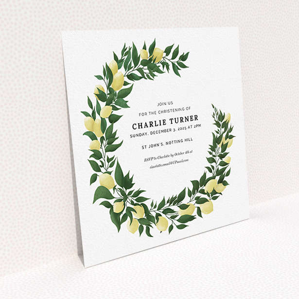 A baptism invitation named "Lemon Wreath". It is a square (148mm x 148mm) invite card in a square orientation. "Lemon Wreath" is available as a flat invite card, with tones of green and yellow.