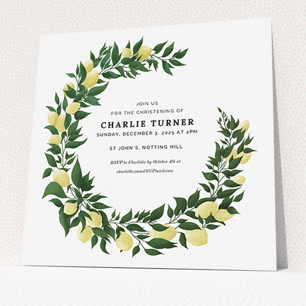 A baptism invitation named "Lemon Wreath". It is a square (148mm x 148mm) invite card in a square orientation. "Lemon Wreath" is available as a flat invite card, with tones of green and yellow.