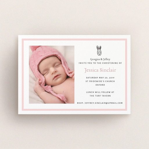 Baptism Invitation Design - "Little Bunny" A baptism invitation called "Little Bunny". It is an A6 invite card in a landscape orientation. It is a photographic baptism invitation with room for 1 photo. "Little Bunny" is available as a flat invite card, with tones of pink and white.