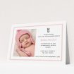 A baptism invitation called "Little Bunny". It is an A6 invite card in a landscape orientation. It is a photographic baptism invitation with room for 1 photo. "Little Bunny" is available as a flat invite card, with tones of pink and white.