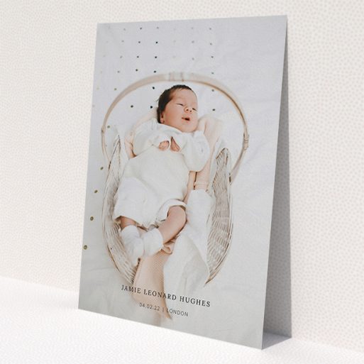 A baptism invitation design named 'Maddox Street'. It is an A5 invite card in a portrait orientation. It is a photographic baptism invitation with room for 1 photo. 'Maddox Street' is available as a flat invite card.