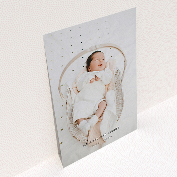 A baptism invitation design named "Maddox Street". It is an A5 invite card in a portrait orientation. It is a photographic baptism invitation with room for 1 photo. "Maddox Street" is available as a flat invite card.