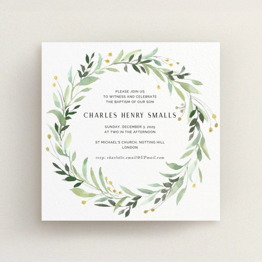 Baptism Invitation Design - "Marine Wreath" A baptism invitation template titled "Marine Wreath". It is a square (148mm x 148mm) invite card in a square orientation. "Marine Wreath" is available as a flat invite card, with tones of ice blue, light green and yellow.