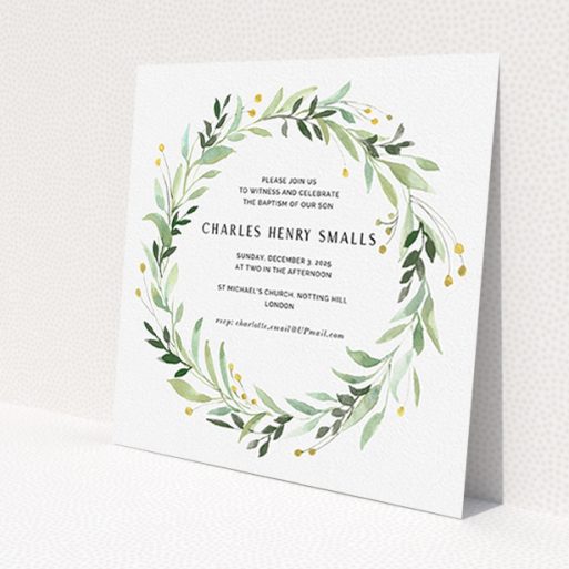 A baptism invitation template titled 'Marine Wreath'. It is a square (148mm x 148mm) invite card in a square orientation. 'Marine Wreath' is available as a flat invite card, with tones of ice blue, light green and yellow.