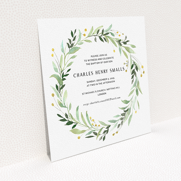 A baptism invitation template titled "Marine Wreath". It is a square (148mm x 148mm) invite card in a square orientation. "Marine Wreath" is available as a flat invite card, with tones of ice blue, light green and yellow.